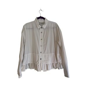 Eleven Stitch Design Shirt White L Ruffle Hem‎ Button Up Tencel Cotton Lagenlook